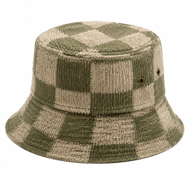 Chapeau bob taille unique en tissu vert et beige à carreaux style décontracté