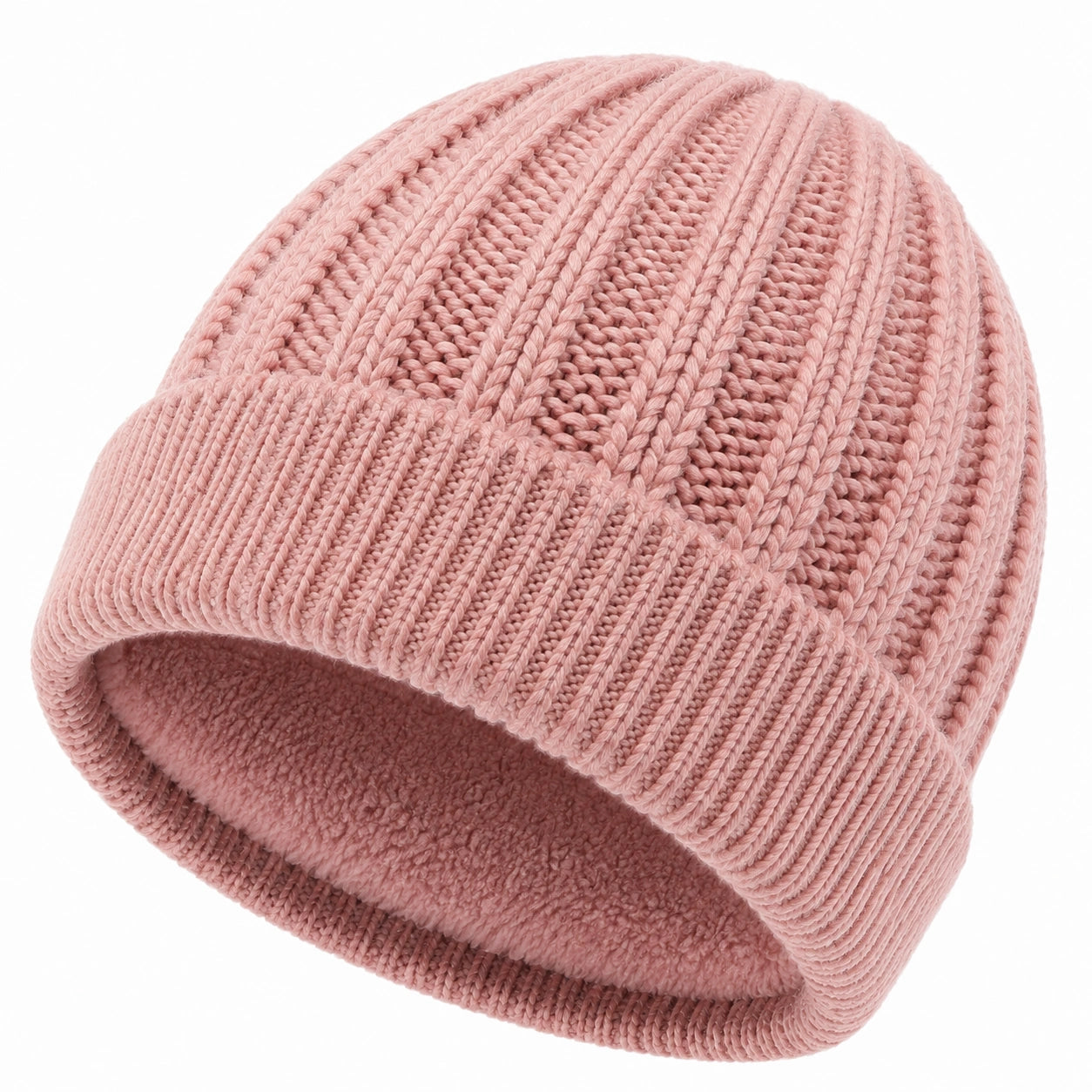 Bonnet en maille taille unique rose avec doublure douce - style côtelé pour l'hiver