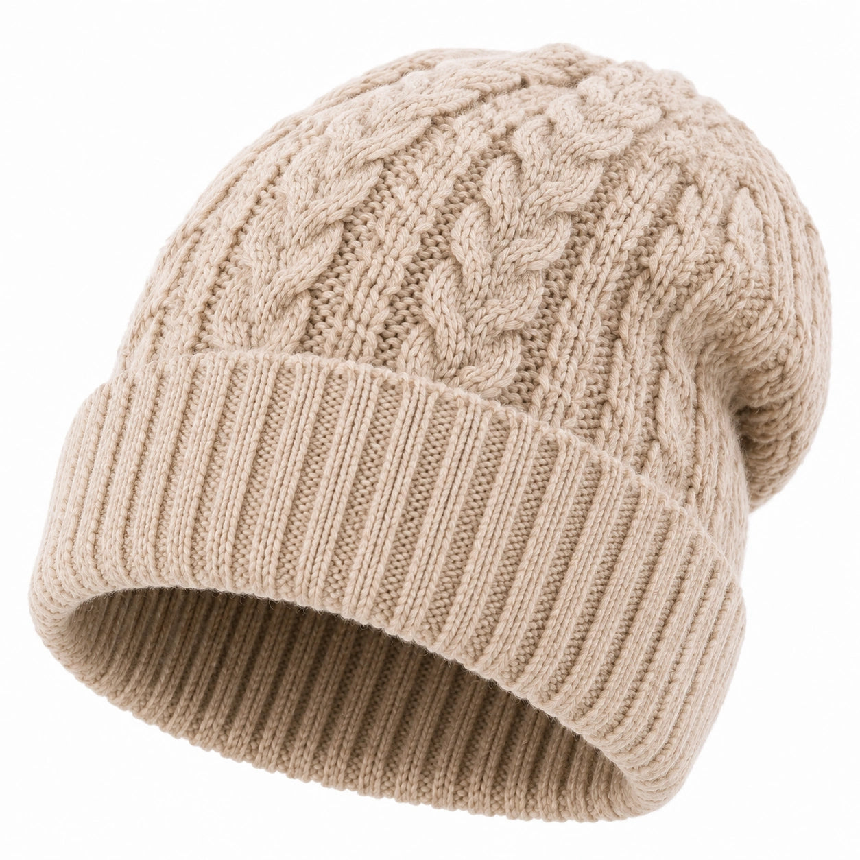 Bonnet taille unique en maille beige à torsades avec revers