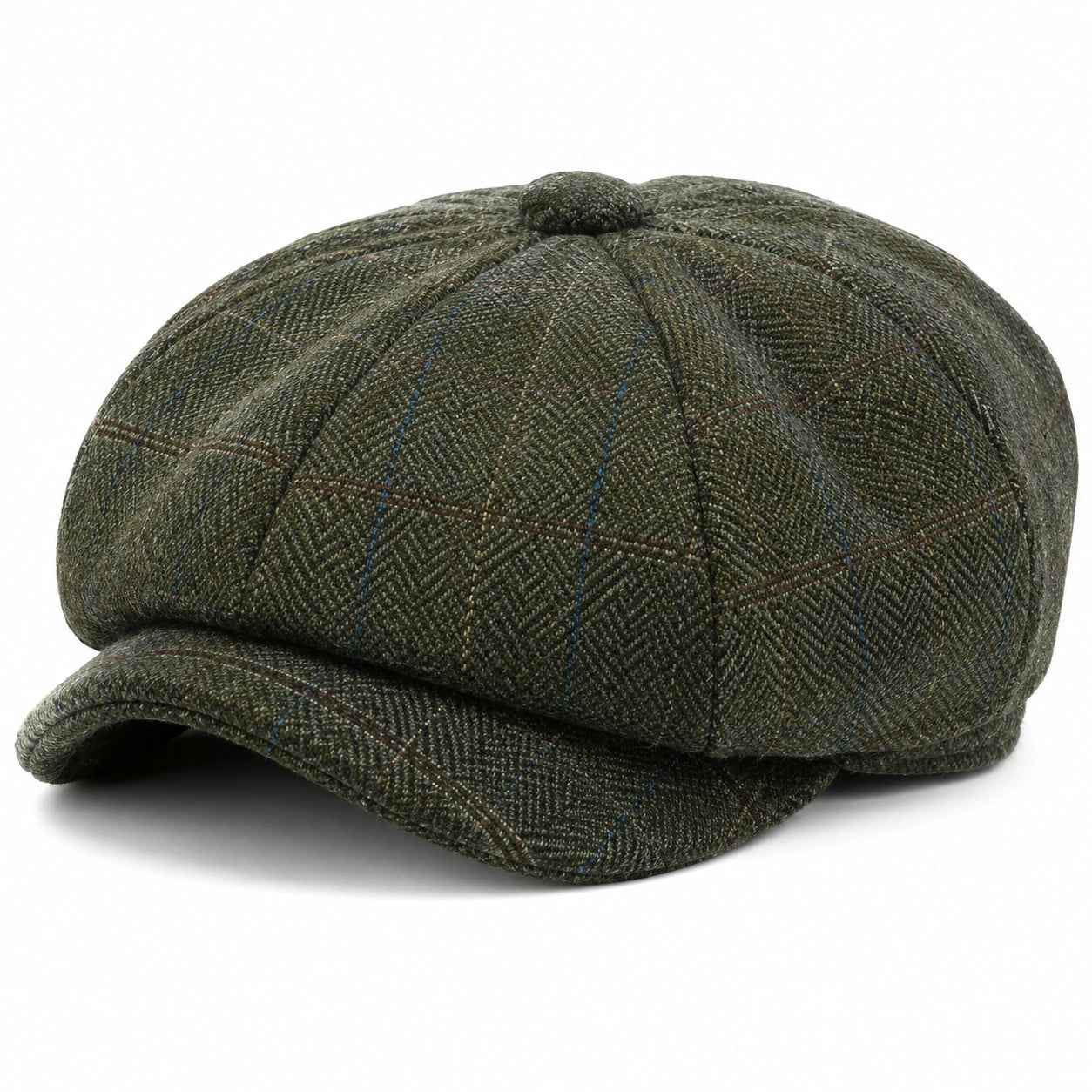 Casquette gavroche taille unique en tissu tweed vert à carreaux style classique